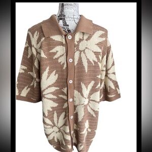 Massive Luxury Knit Crochet Polo Shirt Tropical Leaf Button Front Men’s Large